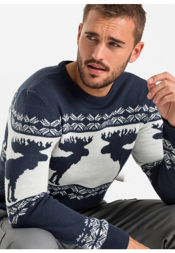 bonprix - Sweter w norweski wzór. Kolor: niebieski