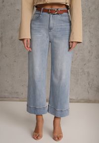 Renee - Niebieskie Szerokie Jeansy z Bawełną High Waist Ozdobione Przeszyciami Timolis. Okazja: na co dzień. Stan: podwyższony. Kolor: niebieski. Wzór: aplikacja. Styl: casual #3