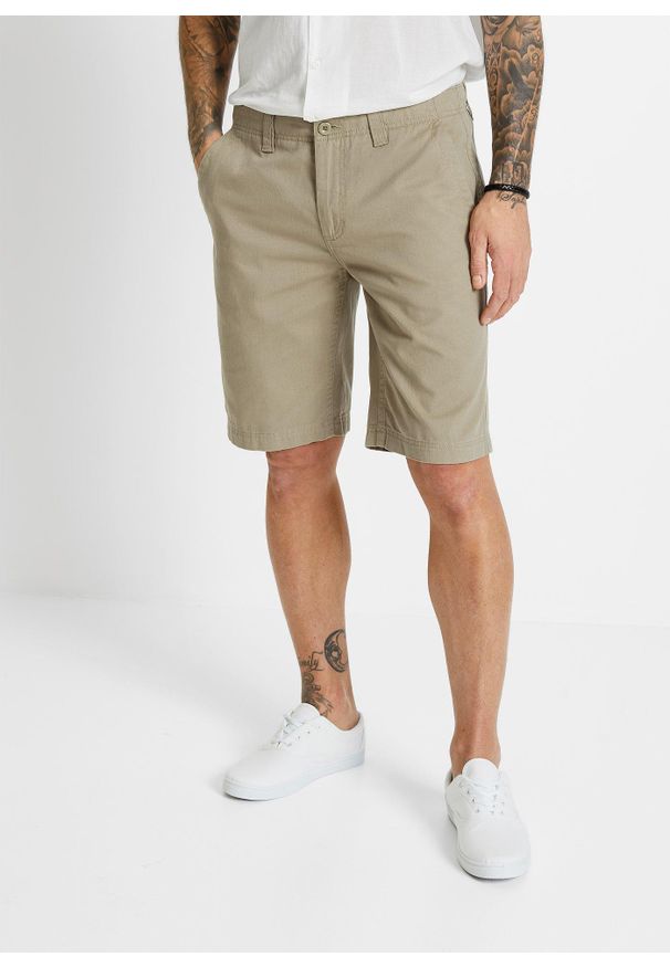 bonprix - Bermudy chino z czystej bawełny, Regular Fit. Kolor: zielony, beżowy. Materiał: bawełna