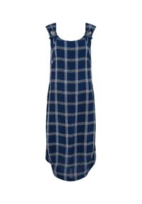 CATERINA - Lniana sukienka w kratę z paskiem. Kolor: niebieski. Materiał: len. Styl: elegancki. Długość: midi #4