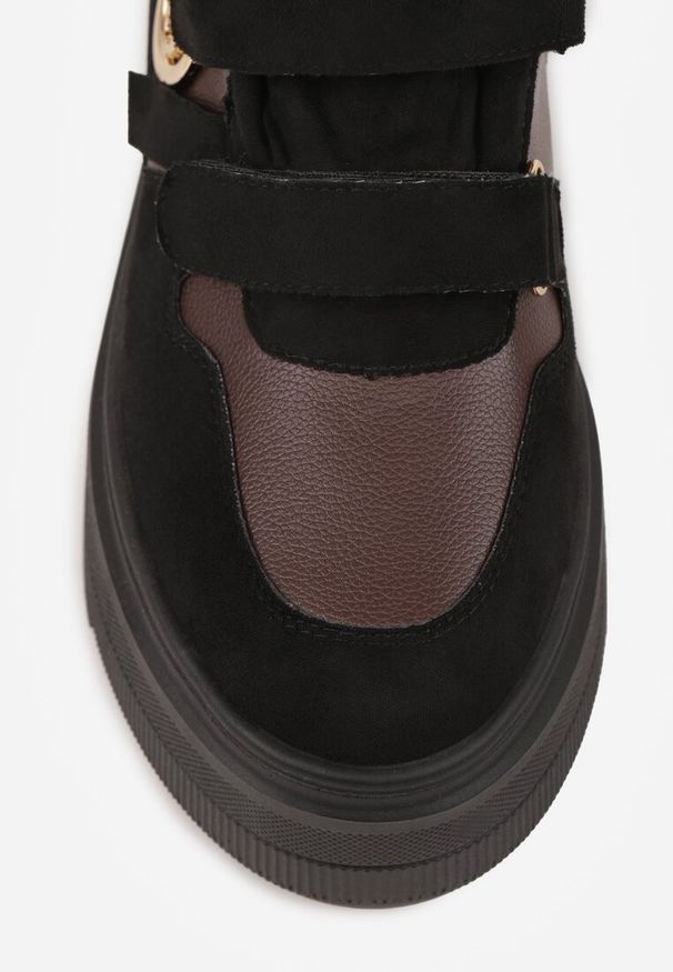 Renee - Czarno-Brązowe Botki Sneakersy Vices na Platformie w Stylu Y2K Gelira. Okazja: na co dzień. Zapięcie: rzepy. Kolor: czarny. Materiał: jeans. Wzór: aplikacja. Sezon: lato. Obcas: na platformie