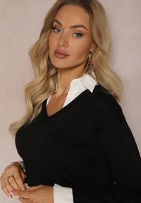 Renee - Czarny Sweter z Długimi Rękawami i Koszulową Wstawką z Kołnierzykiem Aptivea. Okazja: do pracy, na spotkanie biznesowe, na co dzień. Kolor: czarny. Materiał: jeans, zamsz. Długość rękawa: długi rękaw. Długość: długie. Wzór: aplikacja. Styl: klasyczny, casual, elegancki, biznesowy #4