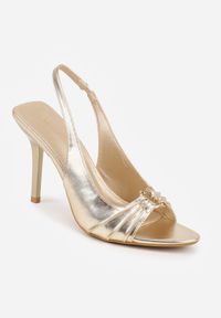 Born2be - Złote Sandały VICES na Szpilce Ozdobione Marszczeniem i Aplikacją Elinaris. Okazja: na co dzień, do pracy. Kolor: złoty. Wzór: aplikacja. Obcas: na szpilce. Styl: wizytowy, casual, elegancki #9