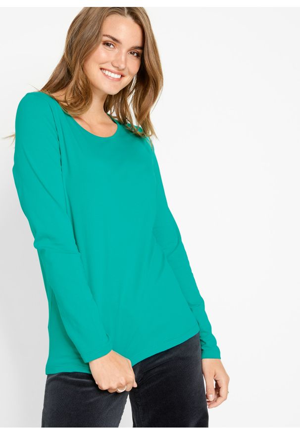 bonprix - Shirt z długim rękawem i okrągłym dekoltem (2 szt.). Kolor: zielony. Materiał: materiał. Długość rękawa: długi rękaw. Długość: długie