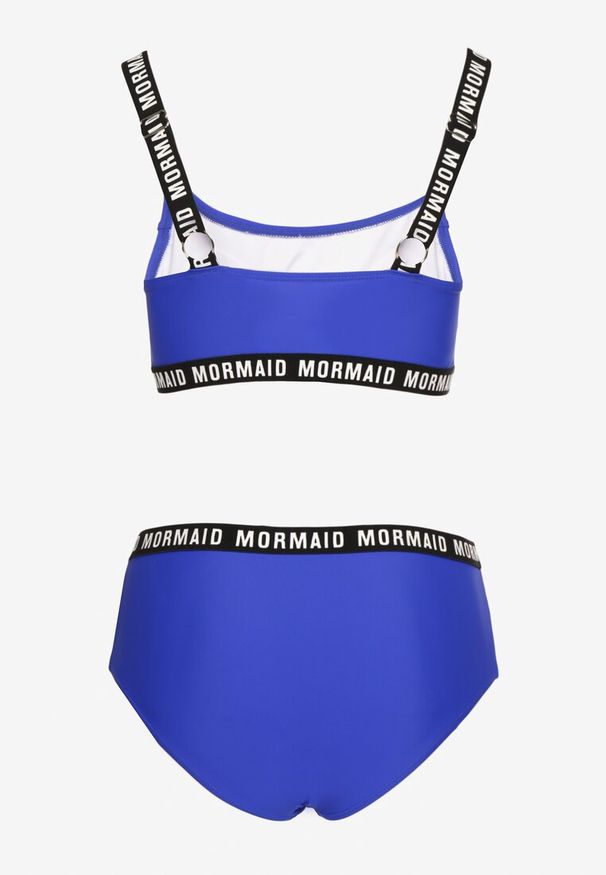 Renee - Niebieskie Bikini Majtki Typu Figi i Sportowa Góra Ozdobione Napisami Nevoneira. Kolor: niebieski. Wzór: aplikacja, napisy