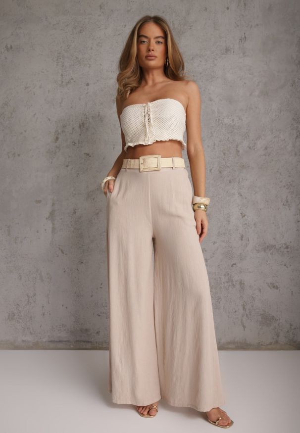 Renee - Beżowe Spodnie High Waist Wide Leg z Wiskozą z Plecionym Paskiem Aridine. Okazja: na co dzień. Stan: podwyższony. Kolor: beżowy. Materiał: wiskoza. Styl: elegancki, casual
