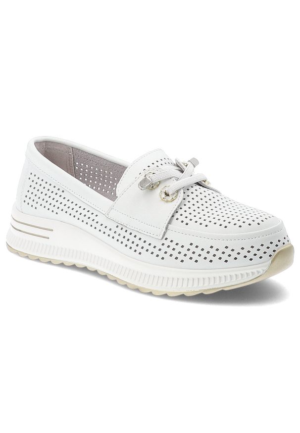 Półbuty damskie Artiker, cholewka ze skóry naturalnej ażurowe na płaskiej podeszwie, białe, 58C0484. Okazja: na co dzień. Kolor: biały. Materiał: skóra. Szerokość cholewki: normalna. Wzór: ażurowy. Obcas: na płaskiej podeszwie. Styl: elegancki, casual