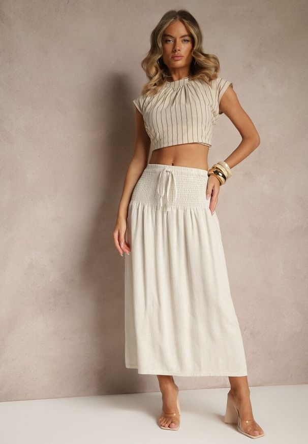 Renee - Beżowa Spódnica z Wiskozą i Lnem High Waist o Rozkloszowanym Kroju Lumerellea. Okazja: na co dzień, na spacer. Stan: podwyższony. Kolor: beżowy. Materiał: len, wiskoza. Styl: elegancki, casual