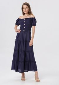 Born2be - Granatowa Sukienka z Wiskozy o Kroju Hiszpanki Ciririla. Okazja: na co dzień. Typ kołnierza: dekolt hiszpanka, kołnierz z falbankami. Kolor: niebieski. Typ sukienki: rozkloszowane. Materiał: wiskoza, materiał. Długość rękawa: krótki rękaw. Sezon: lato. Styl: casual, elegancki. Długość: midi #1