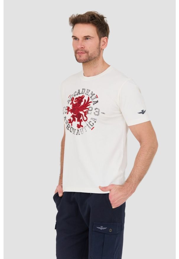 Aeronautica Militare - AERONAUTICA MILITARE Beżowy bawełniany męski t-shirt M.C., Rozmiar M. Kolor: beżowy. Materiał: bawełna