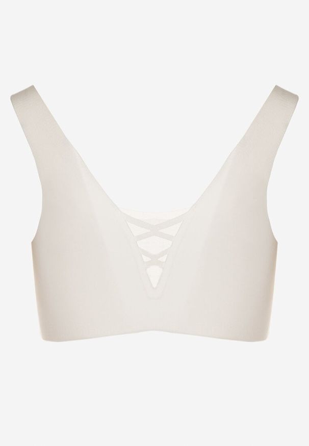 Born2be - Biały Biustonosz Sportowy z Siateczką i Gorsetowym Zdobieniem Saliatessa. Kolor: biały. Rodzaj stanika: wyciągane miseczki. Wzór: aplikacja