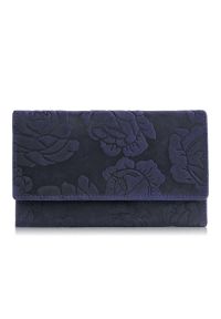 PAOLO PERUZZI - Portfel damski skórzany duży w róże granatowy Paolo Peruzzi T-107-HDB. Kolor: niebieski, wielokolorowy, różowy. Materiał: skóra. Wzór: kwiaty #1