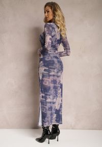 Renee - Granatowa Dopasowana Sukienka Maxi z Wycięciem Marperra. Kolor: niebieski. Materiał: tkanina. Wzór: aplikacja, nadruk. Typ sukienki: dopasowane. Długość: maxi #5