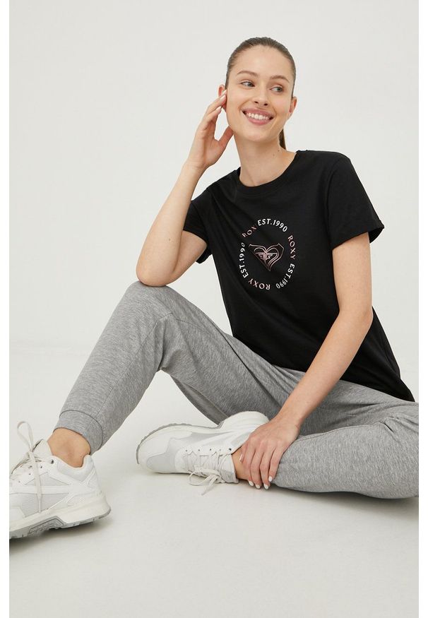 Roxy t-shirt bawełniany kolor czarny. Kolor: czarny. Materiał: bawełna. Wzór: nadruk