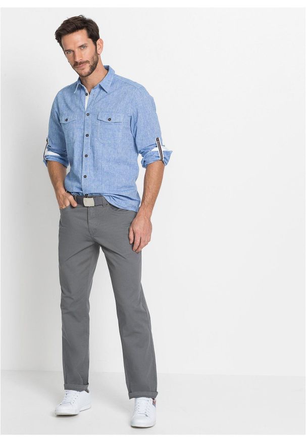 bonprix - Spodnie regular fit z bawełnianego diagonalu, straight. Kolor: szary. Materiał: bawełna. Styl: klasyczny