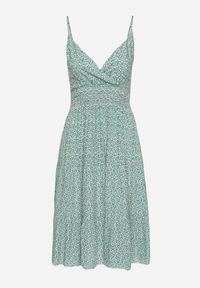 Born2be - Zielona Bawełniana Sukienka o Rozkloszowanym Kroju na Ramiączkach w Kwiatowy Wzór Mirindra. Okazja: na spacer. Typ kołnierza: dekolt w kształcie V. Kolor: zielony. Materiał: bawełna. Długość rękawa: na ramiączkach. Wzór: kwiaty. Sezon: lato. Styl: klasyczny #7