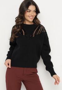 Born2be - Czarny Sweter z Siateczkowymi Wstawkami z Cekinami Perełkami i Koralikami Evoriana. Okazja: na co dzień. Kolor: czarny. Materiał: jeans. Styl: glamour, casual, elegancki #7