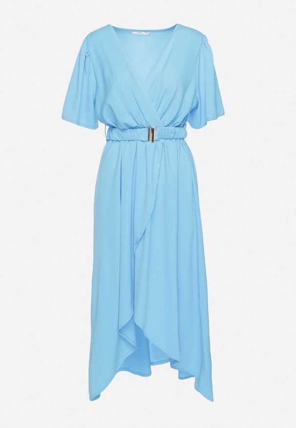 Born2be - Niebieska Rozkloszowana Sukienka Kopertowa z Gumką w Talii i Ozdobnym Paskiem Vasena. Kolor: niebieski. Typ sukienki: kopertowe. Styl: elegancki