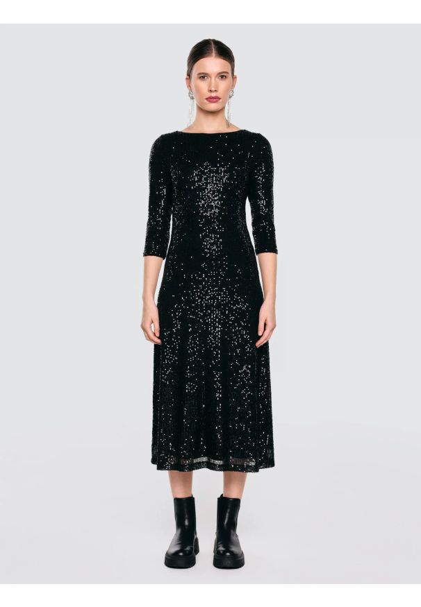 Big-Star - Sukienka damska midi cekinowa z rękawem 3/4 czarna Alex 906. Okazja: na imprezę. Kolor: czarny. Długość: midi