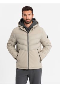 Ombre Clothing - Kurtka męska pikowana z łączonych materiałów z wysokim kołnierzem – beżowa V4 - Rozmiar: XL. Okazja: na co dzień. Kolor: beżowy. Materiał: materiał. Wzór: aplikacja. Styl: sportowy, casual