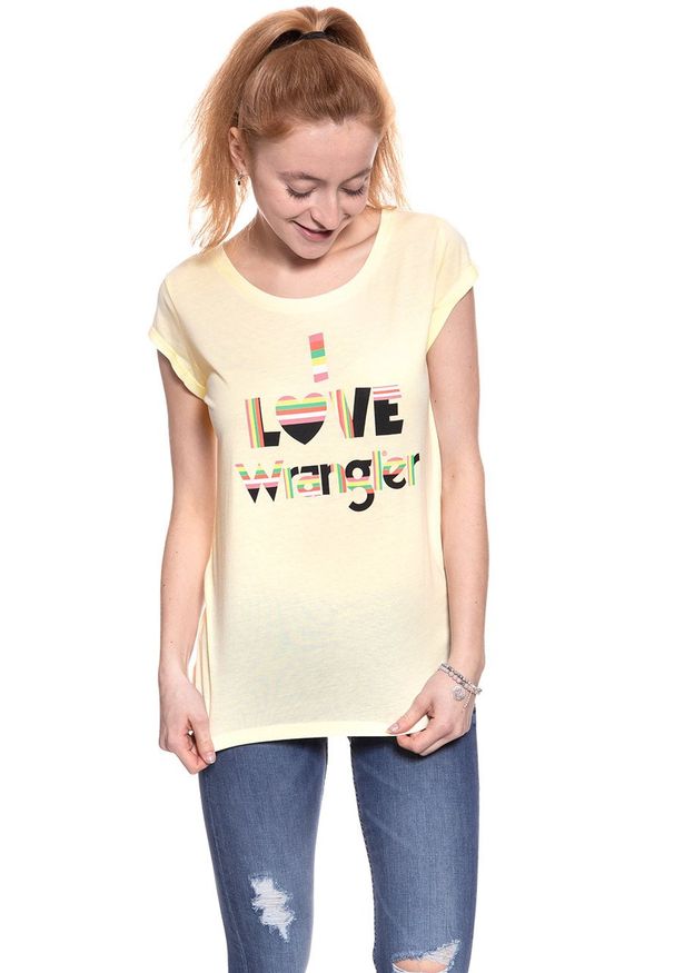 Wrangler - WRANGLER T SHIRT DAMSKI I LOVE TEE ETHEREAL YELLOW W700LF6UF 112130874. Wzór: nadruk