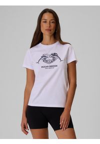 4f - 4F T-shirt regular z nadrukiem damski - biały M. Okazja: na co dzień. Kolor: biały. Materiał: bawełna, dzianina. Wzór: nadruk. Styl: elegancki, casual, klasyczny, sportowy #1