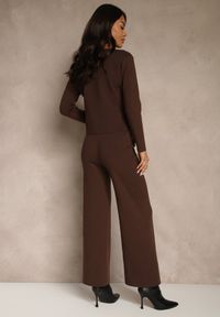 Renee - Brązowy Elegancki Komplet z Dzianiny z Wiskozą Kardigan i Spodnie Delinavea. Kolor: brązowy. Materiał: dzianina, wiskoza. Wzór: aplikacja #4