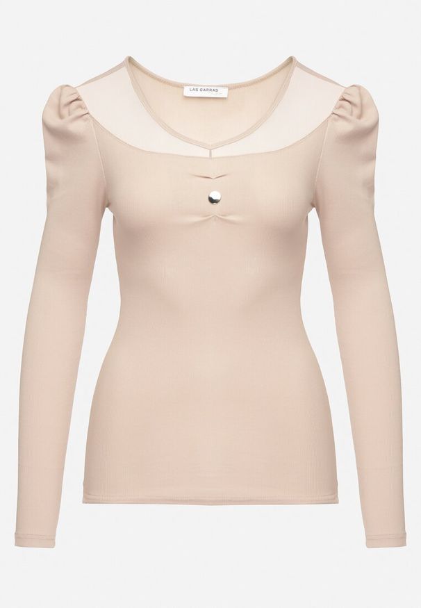 Born2be - Beżowa Bawełniana Bluzka z Prążkowanego Materiału z Metaliczną Aplikacją Esaloren. Kolor: beżowy. Materiał: prążkowany, bawełna, materiał. Wzór: aplikacja. Styl: klasyczny