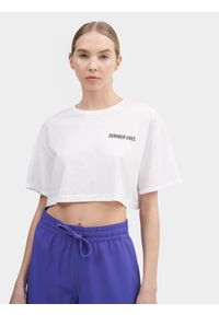 4f - T-shirt crop-top gładki damski. Kolor: biały. Materiał: bawełna, dzianina. Wzór: gładki #1