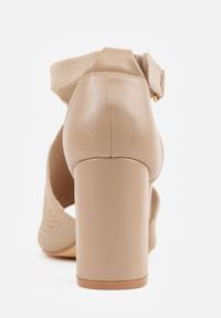 Renee - Ciemnobeżowe Sandały Soft Fit VICES na Obcasie w Stylu Botków z Elastyczną Ażurową Cholewką Comfort Omphopis. Zapięcie: rzepy. Kolor: beżowy. Materiał: materiał, jeans. Wzór: ażurowy. Obcas: na obcasie. Wysokość obcasa: średni #3