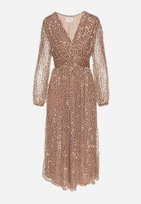 Born2be - Złota Sukienka Siateczkowa o Kopertowym Kroju Zdobiona Cekinami Boniga. Typ kołnierza: dekolt w kształcie V. Kolor: złoty. Wzór: aplikacja. Typ sukienki: kopertowe. Styl: klasyczny, wizytowy #3