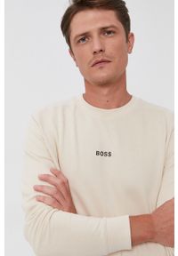 BOSS - Boss Bluza męska kolor kremowy gładka. Okazja: na co dzień. Kolor: beżowy. Materiał: dzianina. Wzór: gładki. Styl: casual #5