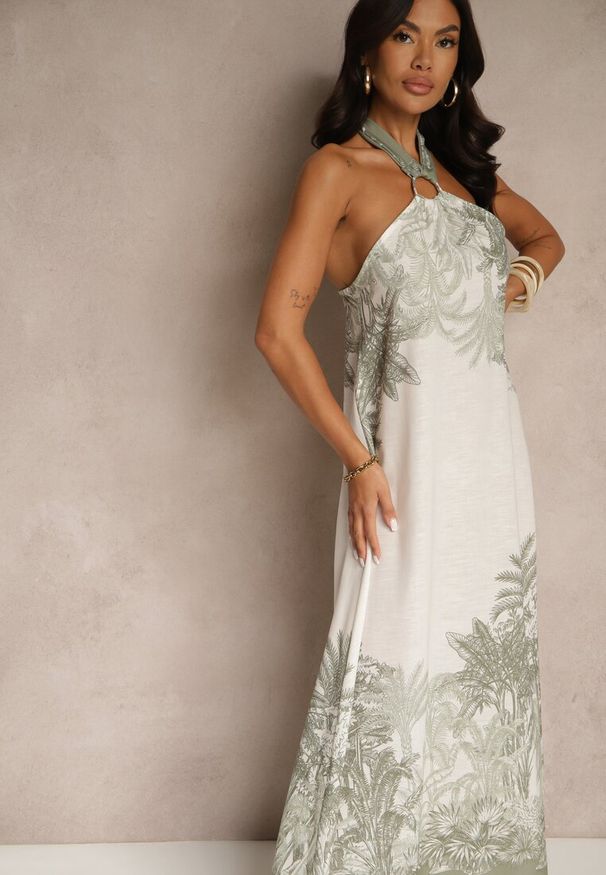 Renee - Zielona Sukienka z Wiskozą Ozdobiona Wiązaniem i Wzorem Palm Folenella. Okazja: na co dzień. Kolor: zielony. Materiał: wiskoza. Wzór: aplikacja. Sezon: lato. Styl: elegancki, casual