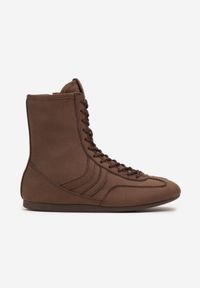 Born2be - Brązowe Sznurowane Sneakersy w Stylu Bokserskim Havanne. Okazja: na co dzień. Kolor: brązowy. Materiał: jeans