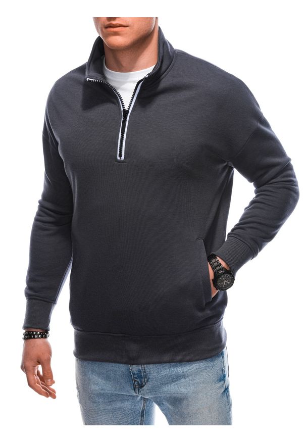 Ombre Clothing - Bluza męska ze stójka rozpinaną na suwak - grafitowa V7 B1353 - M. Typ kołnierza: kołnierzyk stójkowy. Kolor: szary. Materiał: bawełna, poliester