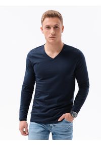 Ombre Clothing - Longsleeve męski bez nadruku L136 - granatowy - XXL. Typ kołnierza: dekolt w kształcie V. Kolor: niebieski. Materiał: bawełna. Długość rękawa: długi rękaw. Styl: klasyczny #1