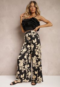 Renee - Czarno-Beżowe Szerokie Spodnie Palazzo z Gumką w Talii i High Waist Dimianna. Stan: podwyższony. Kolor: czarny. Materiał: tkanina. Sezon: lato