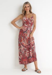 Born2be - Czerwona Sukienka Maxi na Cienkich Ramiączkach z Cienkimi Gumkami na Plecach Ophintha. Kolor: czerwony. Materiał: tkanina. Długość rękawa: na ramiączkach. Długość: maxi