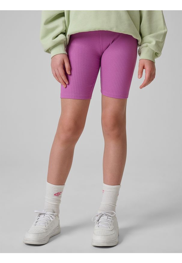 4f - 4F Legginsy kolarki prążkowane dziewczęce - fioletowe 134 (8-9 lat). Okazja: na spacer, na co dzień, na uczelnię. Stan: podwyższony. Kolor: fioletowy. Materiał: prążkowany. Sezon: lato. Styl: casual