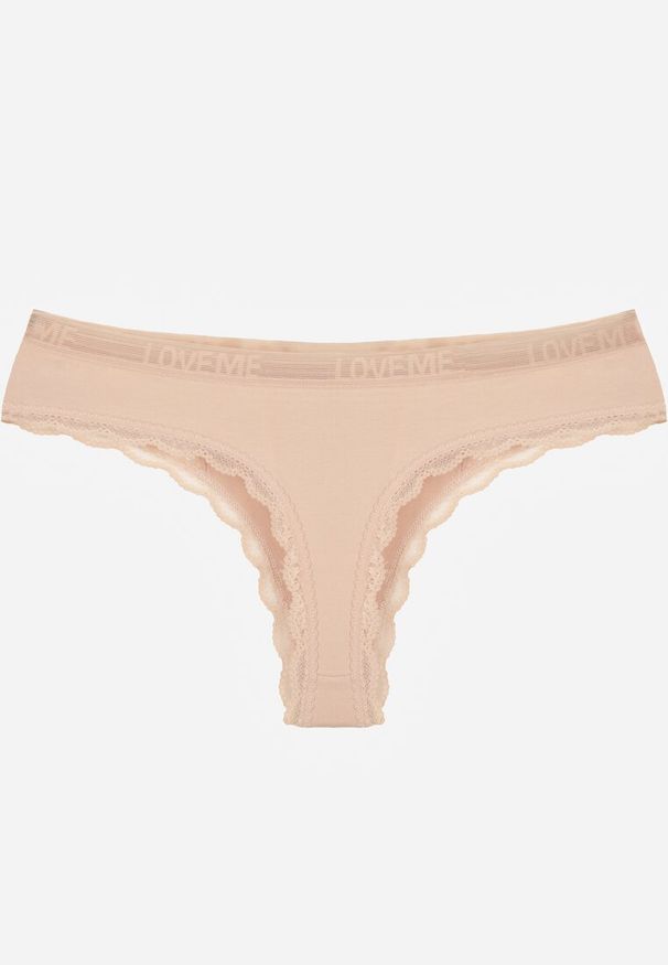 Renee - Beżowe Majtki Stringi Ozdobione Koronką z Bawełną Meniliphis. Kolor: beżowy. Materiał: koronka, bawełna. Wzór: koronka, aplikacja