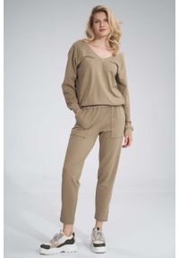 Figl - Bawełniane Spodnie z Rozciętą Nogawką - Beżowe. Kolor: beżowy. Materiał: bawełna