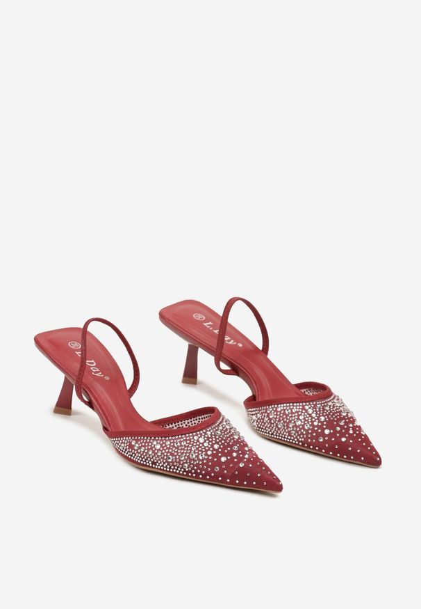 Renee - Bordowo-Czerwone Eleganckie Sandały na Obcasie Kaczuszka Bez Pięty z Cyrkoniami Elimira. Nosek buta: otwarty. Kolor: czerwony. Materiał: materiał. Obcas: na obcasie. Styl: elegancki. Wysokość obcasa: średni