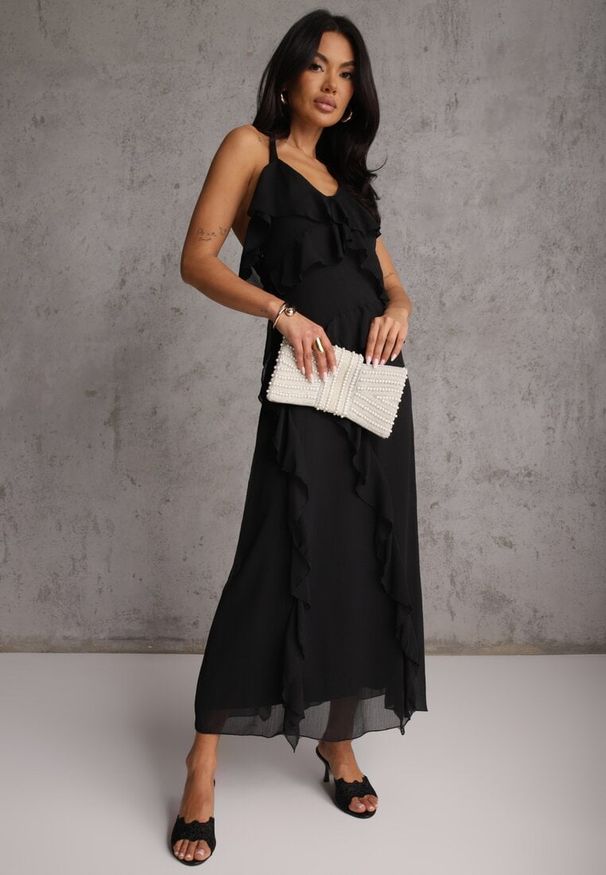 Renee - Czarna Elegancka Sukienka z Taliowaniem Wiązana na Plecach z Falbankami Ocyparia. Okazja: na imprezę. Typ kołnierza: kołnierz z falbankami. Kolor: czarny. Styl: elegancki