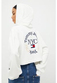 Tommy Jeans bluza DW0DW13570.9BYY damska kolor biały z kapturem z aplikacją. Typ kołnierza: kaptur. Kolor: biały. Materiał: bawełna, dzianina. Długość rękawa: długi rękaw. Długość: krótkie. Wzór: aplikacja #3