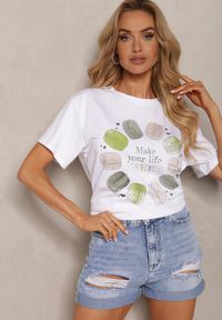 Renee - Biało-Zielony T-shirt z Bawełny z Ozdobnym Nadrukiem i Cyrkoniami Tessera. Kolor: biały. Materiał: bawełna. Wzór: nadruk. Sezon: lato #1