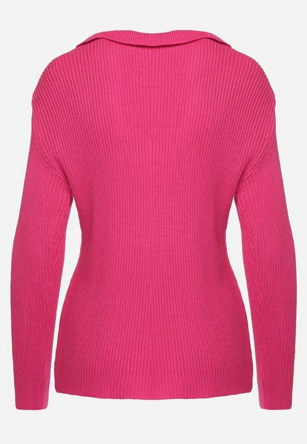 Born2be - Fuksjowy Sweter z Kołnierzykiem i Trójkątnym Dekoltem Mortala. Typ kołnierza: dekolt w serek. Kolor: różowy. Materiał: dzianina