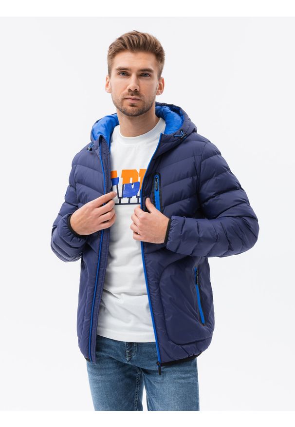 Niebieska kurtka Ombre Clothing na wiosnę, z kapturem