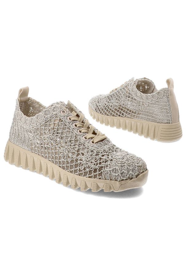 Beżowe Półbuty Artiker Modne Obuwie Damskie. Zapięcie: sznurówki. Kolor: beżowy. Materiał: koronka, materiał