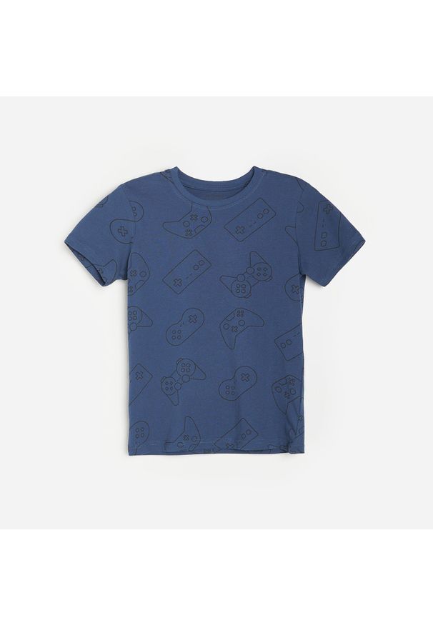 Reserved - Bawełniany t-shirt ze wzorem - Granatowy. Kolor: niebieski. Materiał: bawełna