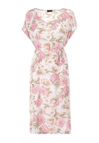 Born2be - Biało-Różowa Sukienka Endiore. Okazja: na wesele, na randkę, na ślub cywilny. Kolekcja: plus size. Kolor: biały. Wzór: aplikacja, kwiaty, nadruk. Typ sukienki: dla puszystych. Materiał: tkanina. Długość rękawa: krótki rękaw. Sezon: lato. Długość: midi #3